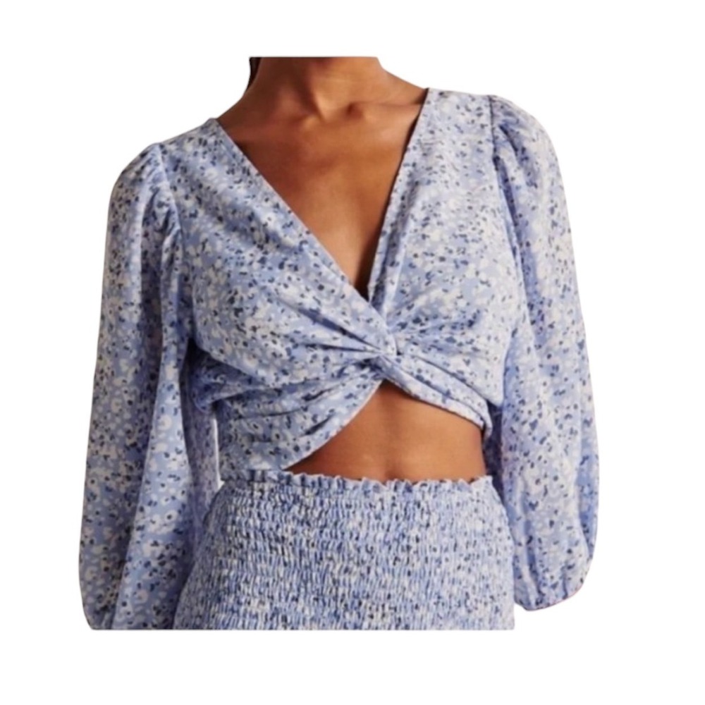 Abercrombie & Fitch Knot Front Floral Puff Sleeve Crop Top Blouse Womens‎ Large